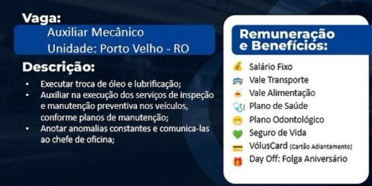 PORTO VELHO: Auxiliar Mecânico