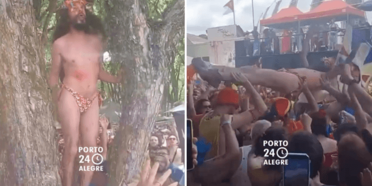 Performance blasfema de “Jesus crucificado” no carnaval de Porto Alegre gera indignação