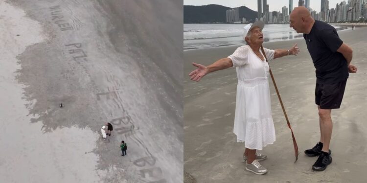 Idosa de 92 anos emociona ao evangelizar com frases na areia em praia de SC: “Jesus te ama”
