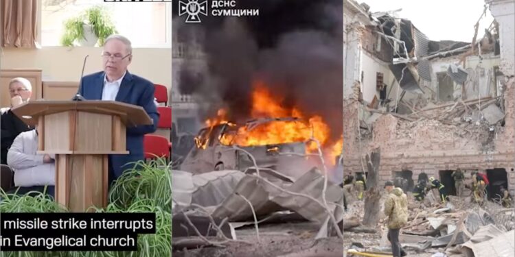 Câmera flagra momento que míssil russo cai do lado de igreja