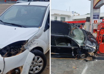 Carro invade posto e atinge bomba de combustível após colisão em cruzamento de Porto Velho