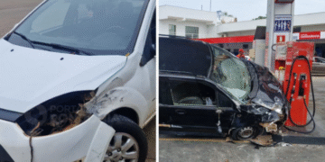 Carro invade posto e atinge bomba de combustível após colisão em cruzamento de Porto Velho