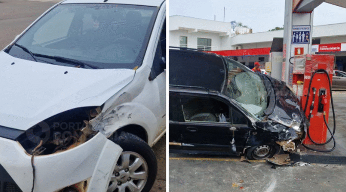 Carro invade posto e atinge bomba de combustível após colisão em cruzamento de Porto Velho