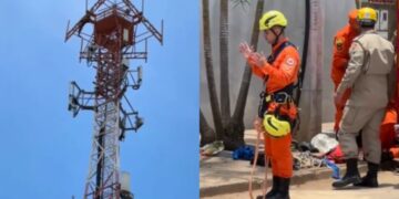 Bombeiro faz oração enquanto colega resgata homem de torre em Goiás