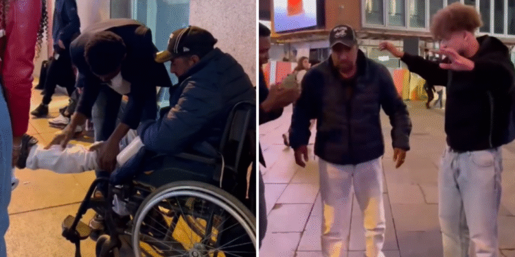 Homem se levanta da cadeira de rodas durante evangelismo de rua em Madri