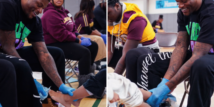 Jogadores da NFL lavam pés de crianças e entregam tênis a elas: ‘Semelhante a Cristo’