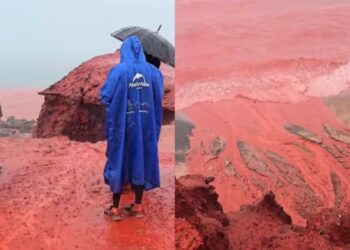 Semelhante à praga bíblica, mar fica cor de sangue em praia no Irã