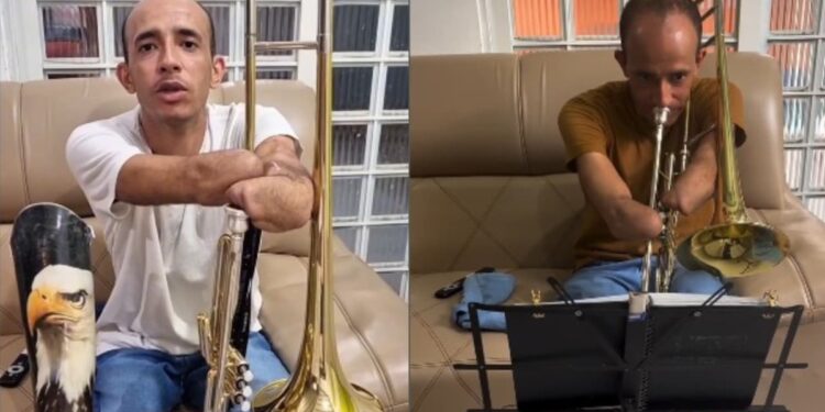 Cristão sem mãos supera deficiência e aprende a tocar trombone: ‘Queria servir a Deus’