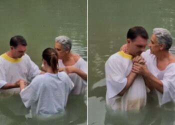 Em Israel, Flávio Bolsonaro e esposa são batizados no Rio Jordão