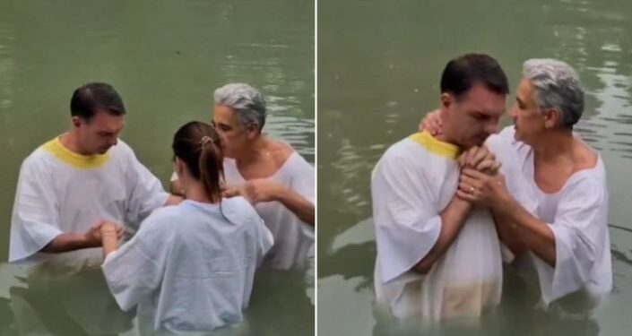 Em Israel, Flávio Bolsonaro e esposa são batizados no Rio Jordão