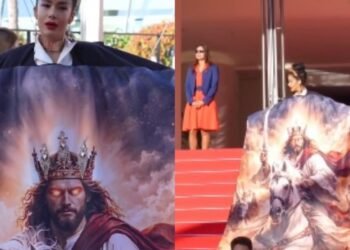 Atriz exibe a volta de Jesus em vestido no festival de Cannes: “Rei da Justiça”