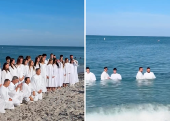 Igreja de origem eslava batiza dezenas de membros em praia da Flórida