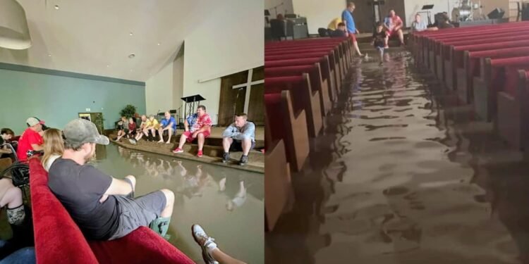 Mesmo com igreja alagada, cristãos cultuam a Deus nos EUA: “Louvamos na tempestade”