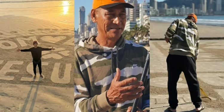 Areia da praia vira mural de mensagens de fé para zelador