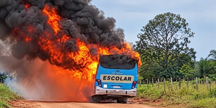 Ônibus escolar é tomado pelo fogo em Candeias do Jamari